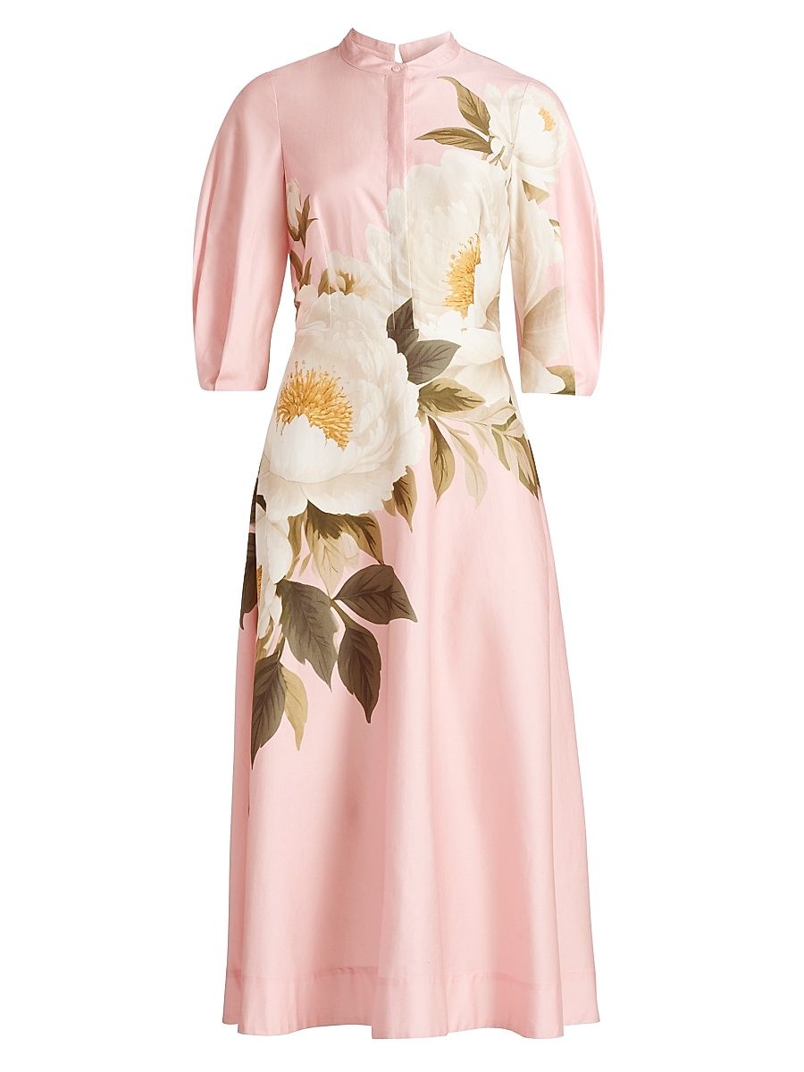 Women's Floral Cotton Midi-Dress - Pink Multi - Size 18