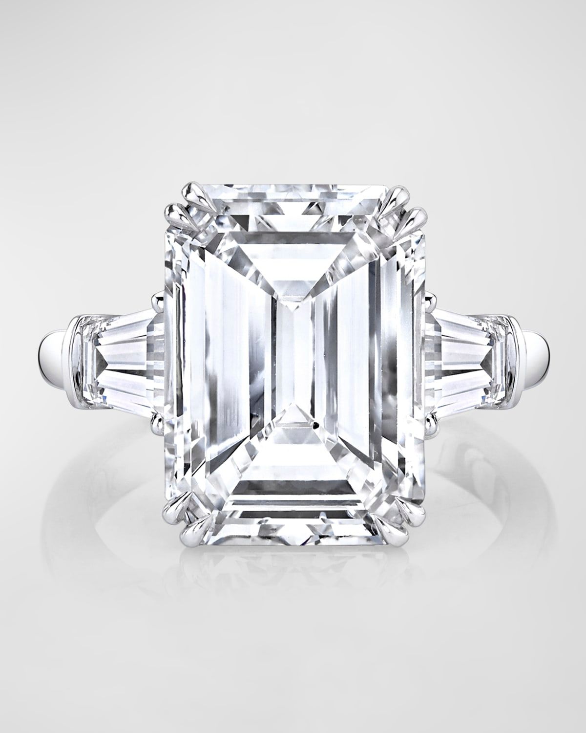 Platinum 3 Stone Diamond Ring with White Emerald Cut Center and Tapered Baguette Sides, Size 6.5, 17.14tcw