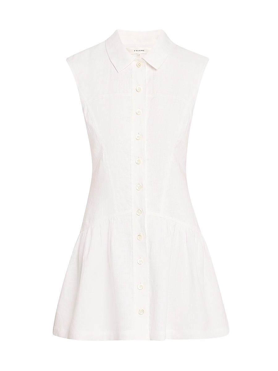 Women's Linen Cap-Sleeve Mini-Shirtdress - White - Size Large