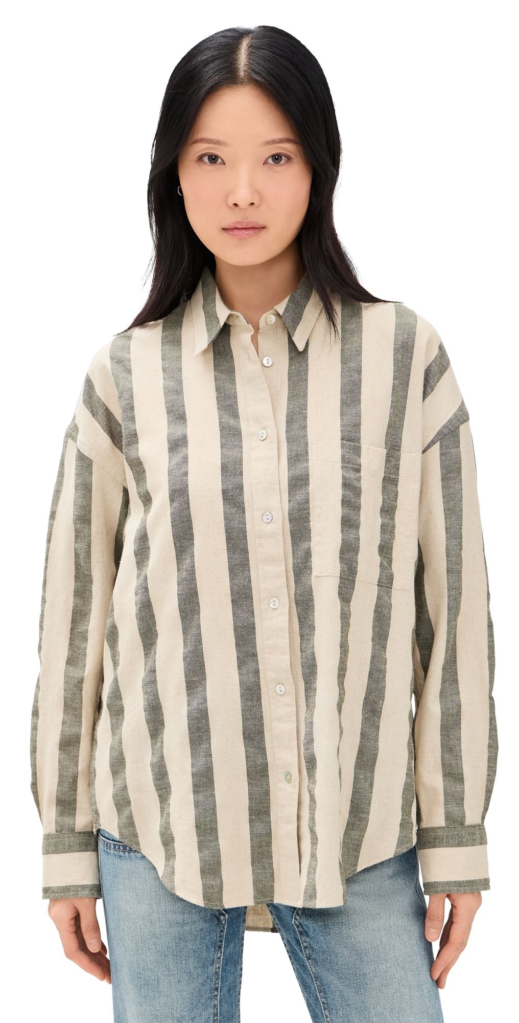 Faherty Cotton Linen Relaxed Shirt Pine Bay Stripe M