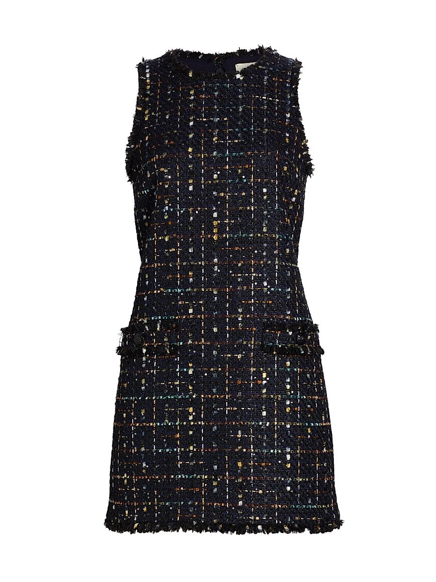 Women's Florian Sequin Tweed Sleeveless Minidress - Midnight Mustard Plaid - Size Large