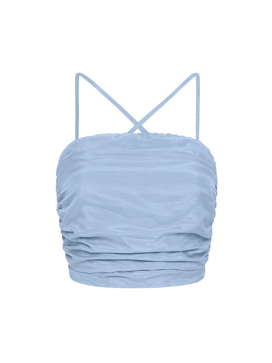 Women's Rose Cotton & Silk Ruched Crop Top - Powder Blue - Size XL