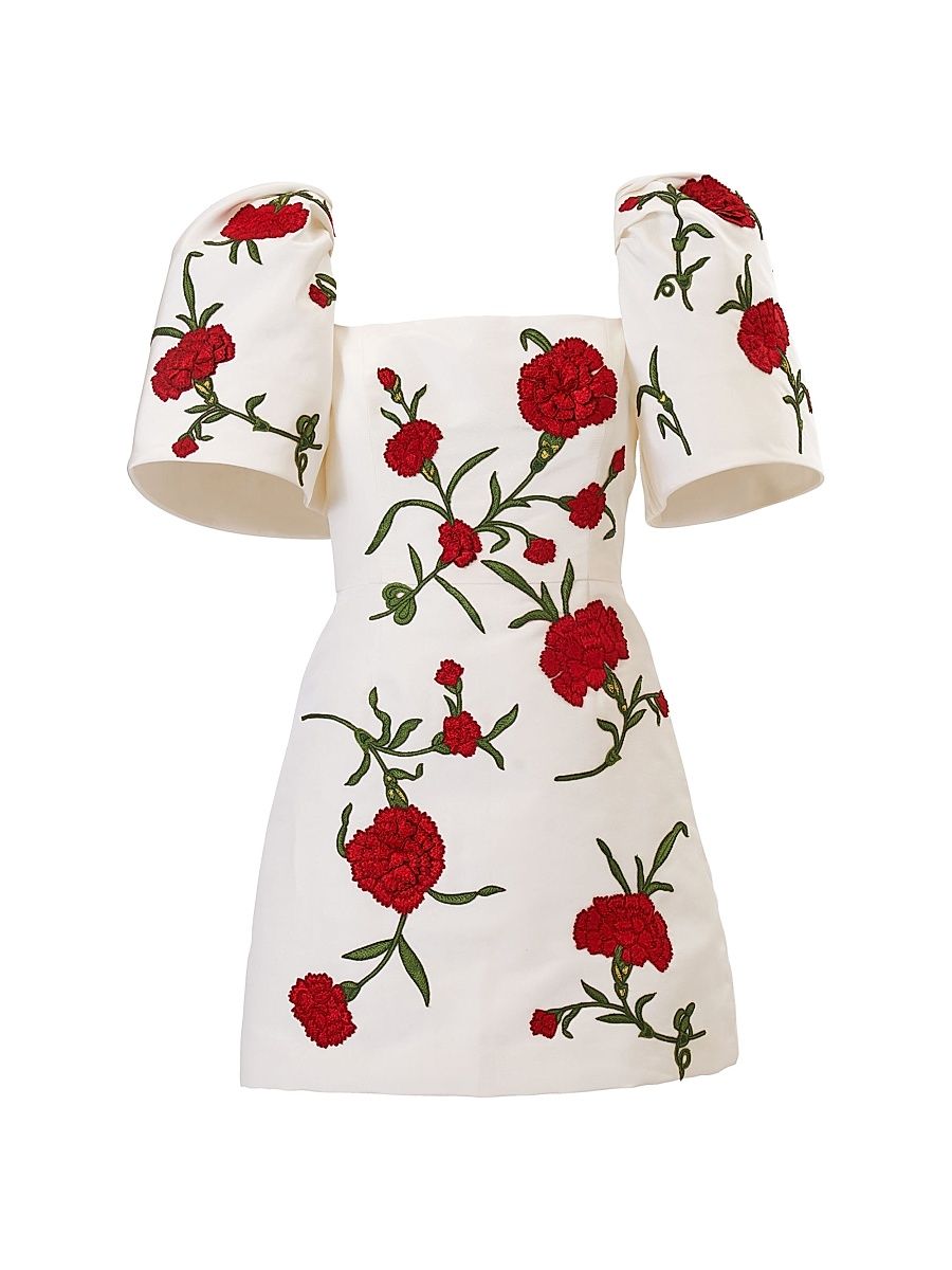 Women's Carnation-Embroidered Silk Puff-Sleeve Minidress - Ivory Multi - Size 8