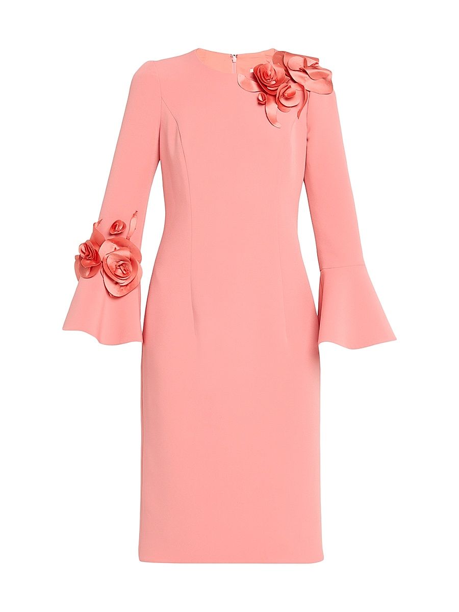 Women's Flower Appliqué Flair-Cuff Mikado Crepe Midi-Dress - Salmon - Size 18