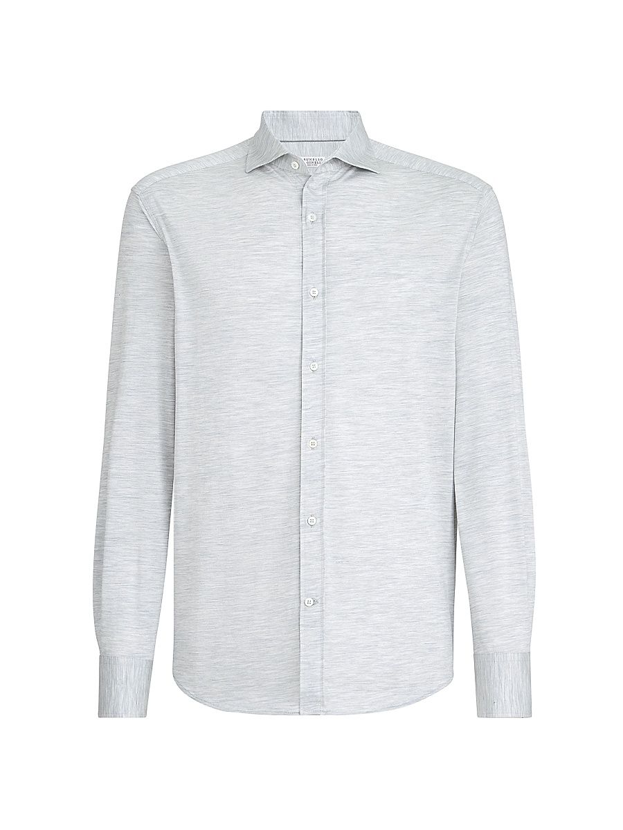 Men's Silk and Cotton Jersey Shirt with Spread Collar - Pearl Grey - Size Medium