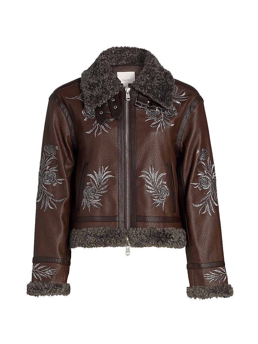 Women's Devyn Embroidered Faux Leather Jacket - Dark Sepia Gunmetal - Size Large