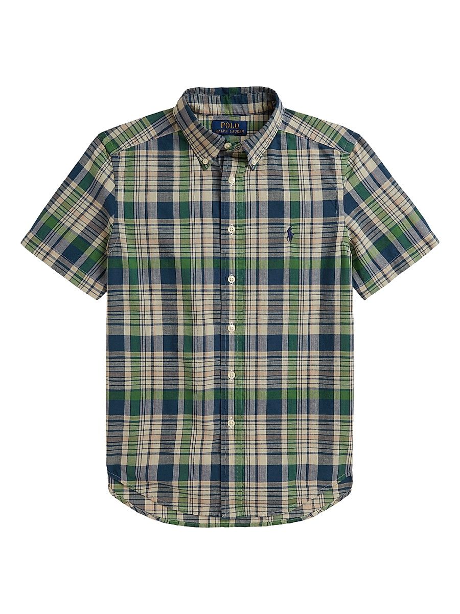Little Boy's & Boy's Madras Short-Sleeve Shirt - White Navy Multi - Size 8