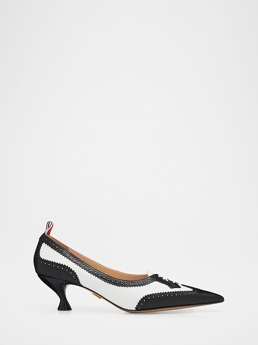 Women's Wingtip 50MM Leather Kitten Heels - Black White - Size 7