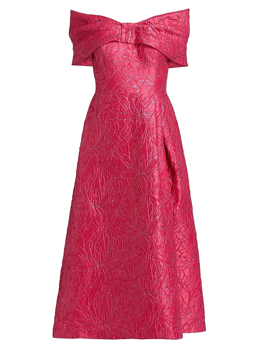 Women's Metallic Jacquard Off-The-Shoulder Cocktail Dress - Strawberry - Size 14