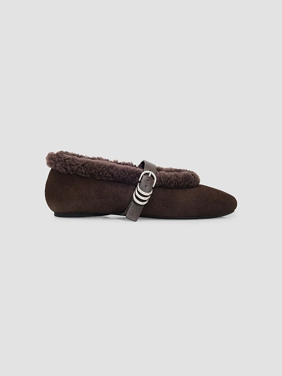 rag & bone Women's Spire Shearling-Trim Suede Mary Janes - Dark Chocolate Suede - Size 6