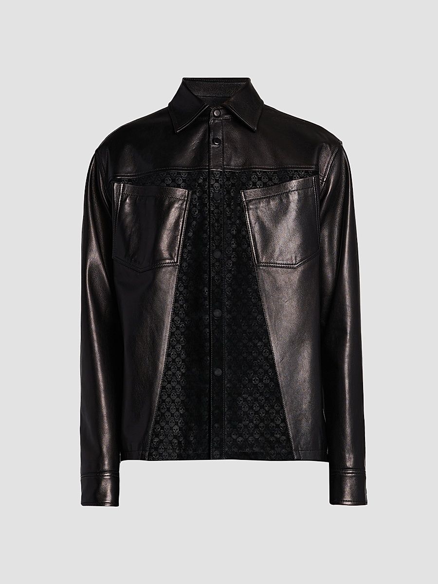 Men's Skull-Embossed Leather Jacket - Black - Size 42