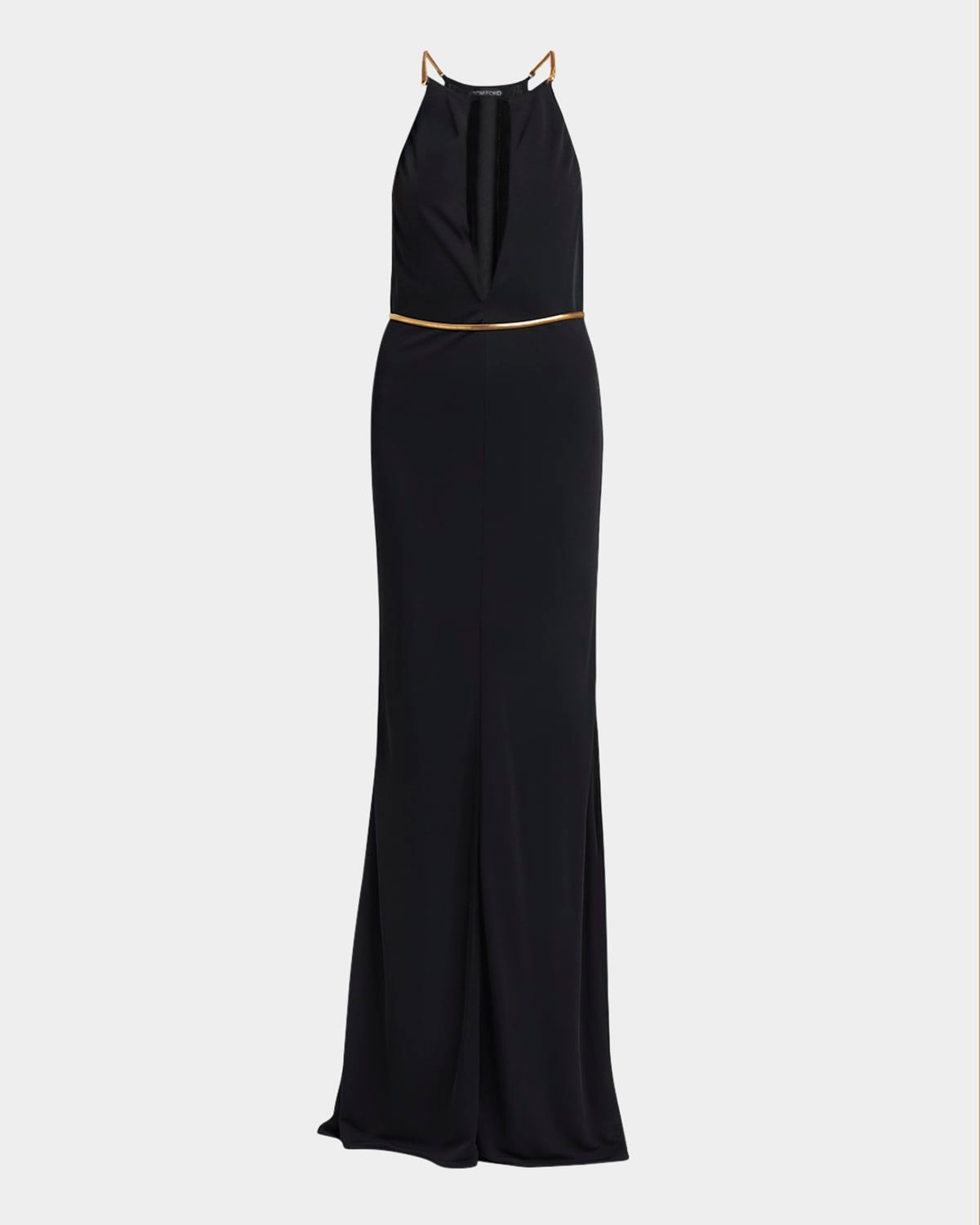 Chain Cutout Sable Jersey Halter Evening Dress