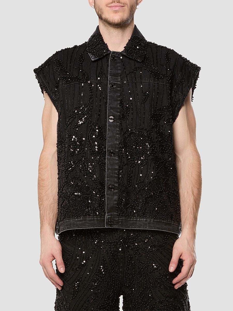 Men's Embellished Mesh Cotton Vest - Black - Size XXL