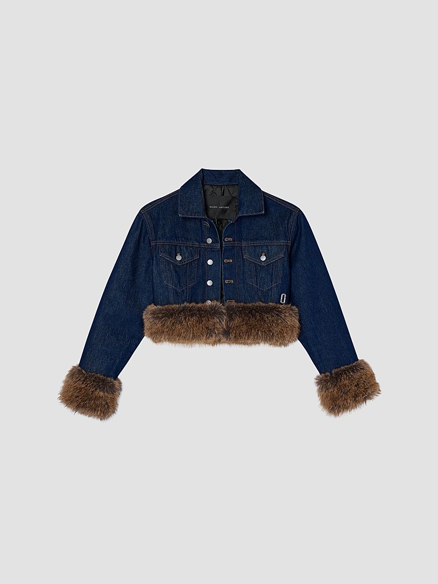 Women's Faux-Fur-Trim Shrunken Trucker Jacket - Dark Slub Indigo - Size XS