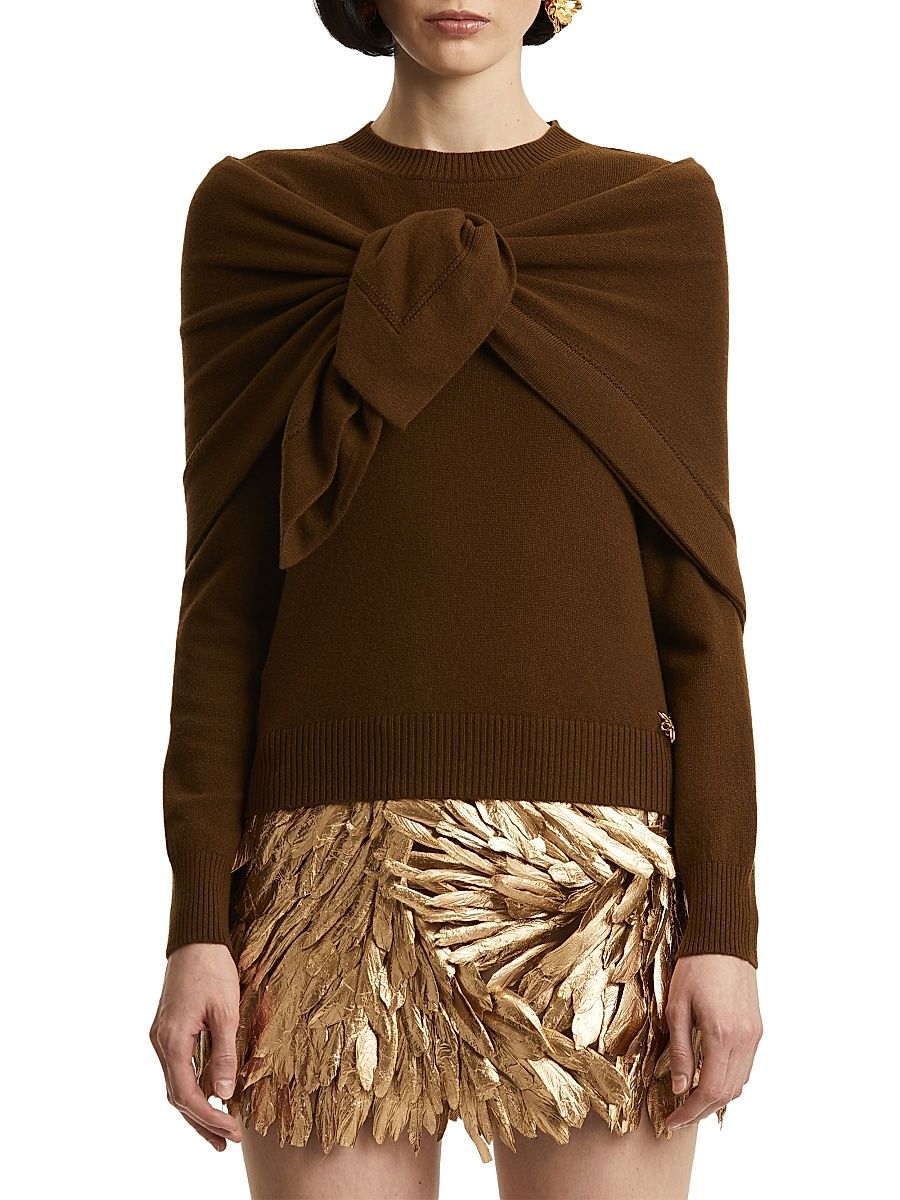 Women's Self-Knit Scarf Detail Cashmere Sweater - Brown - Size Small