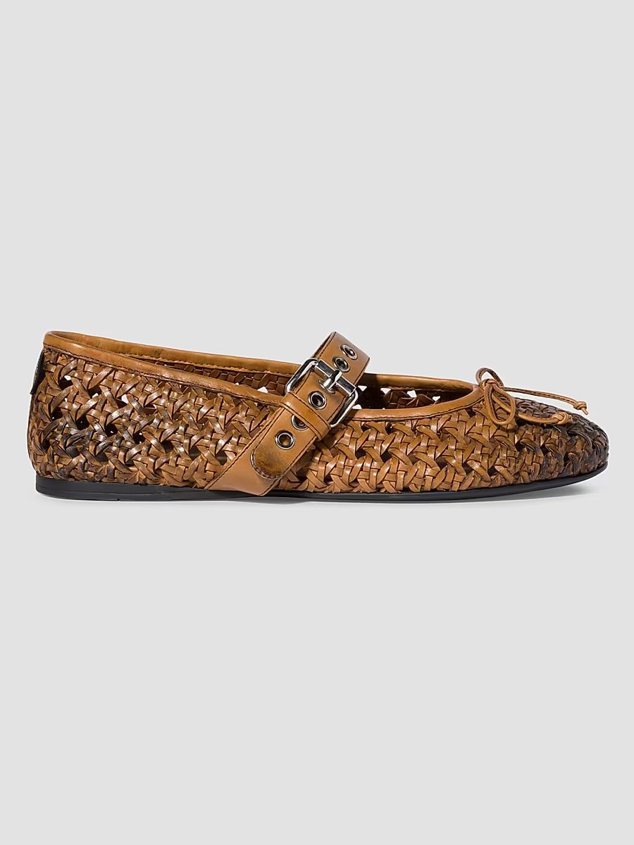 Women's Woven Leather Ballerinas with Strap and Buckle - Brown - Size 9.5