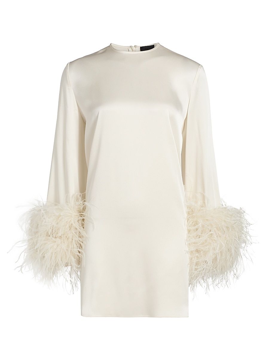 Women's Satin Feather-Cuff Shift Dress - Cream - Size XL