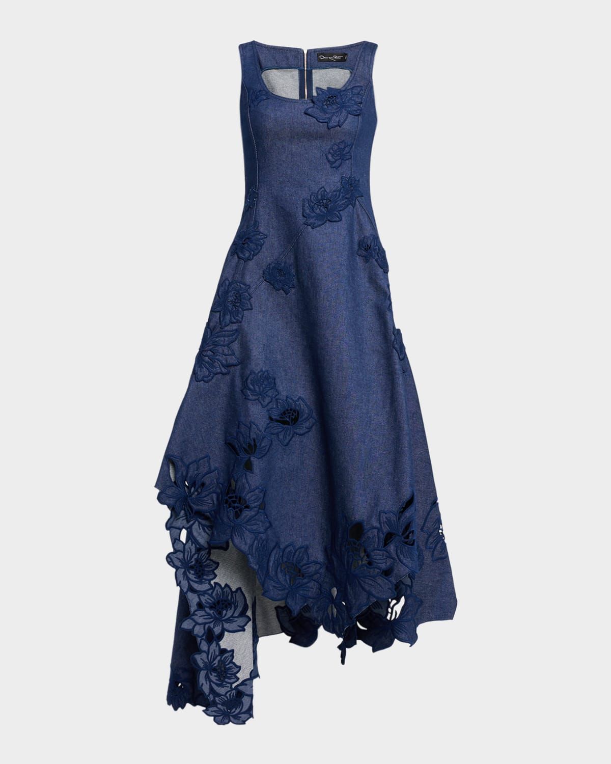 Flower Embroidered Denim Sleeveless Maxi Dress