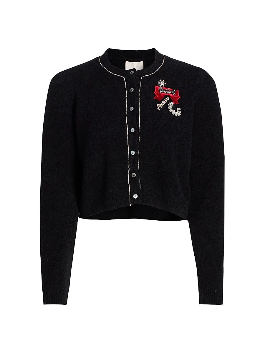 Women's Allura Crystal Brooch-Embellished Bouclé Cardigan - Black Clear - Size Medium