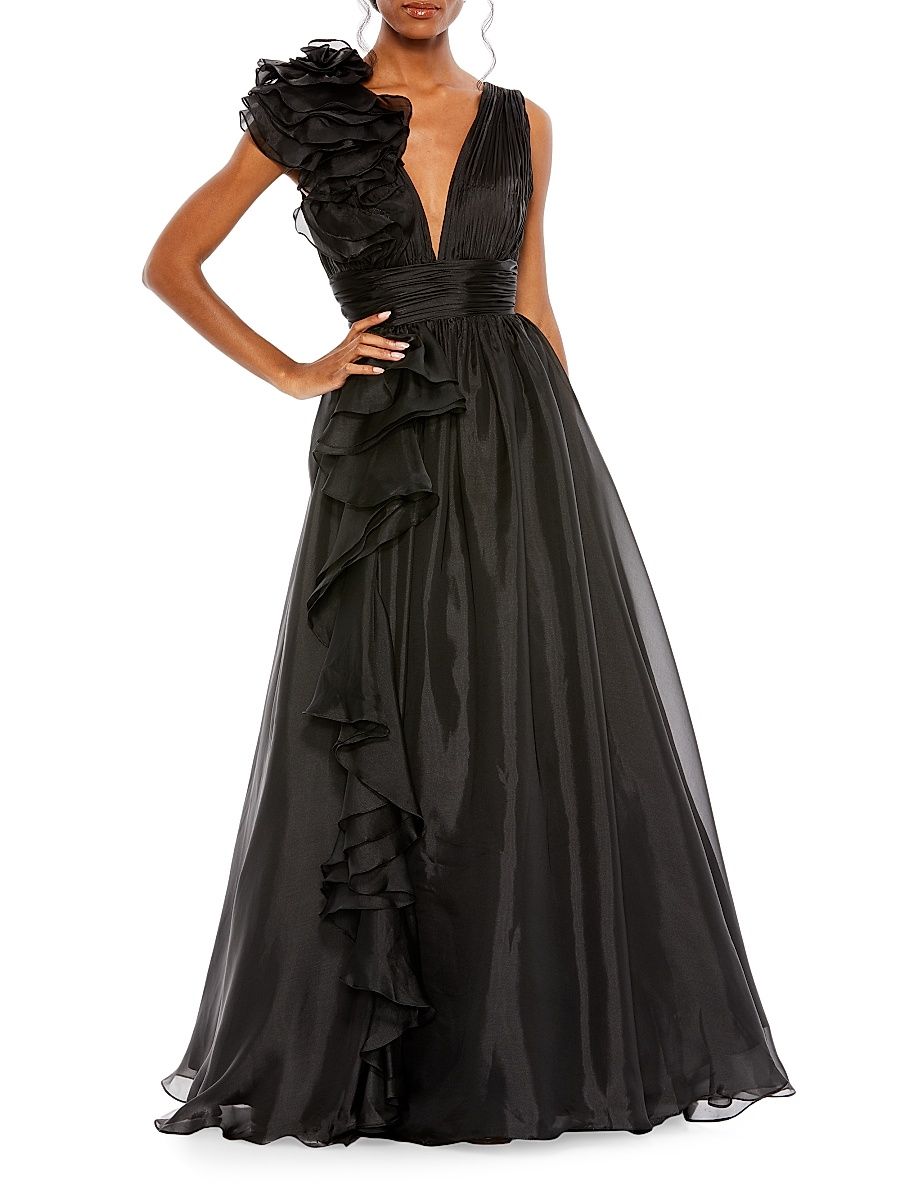 Women's Ruffle Shoulder V-Neck Gown - Black - Size 16