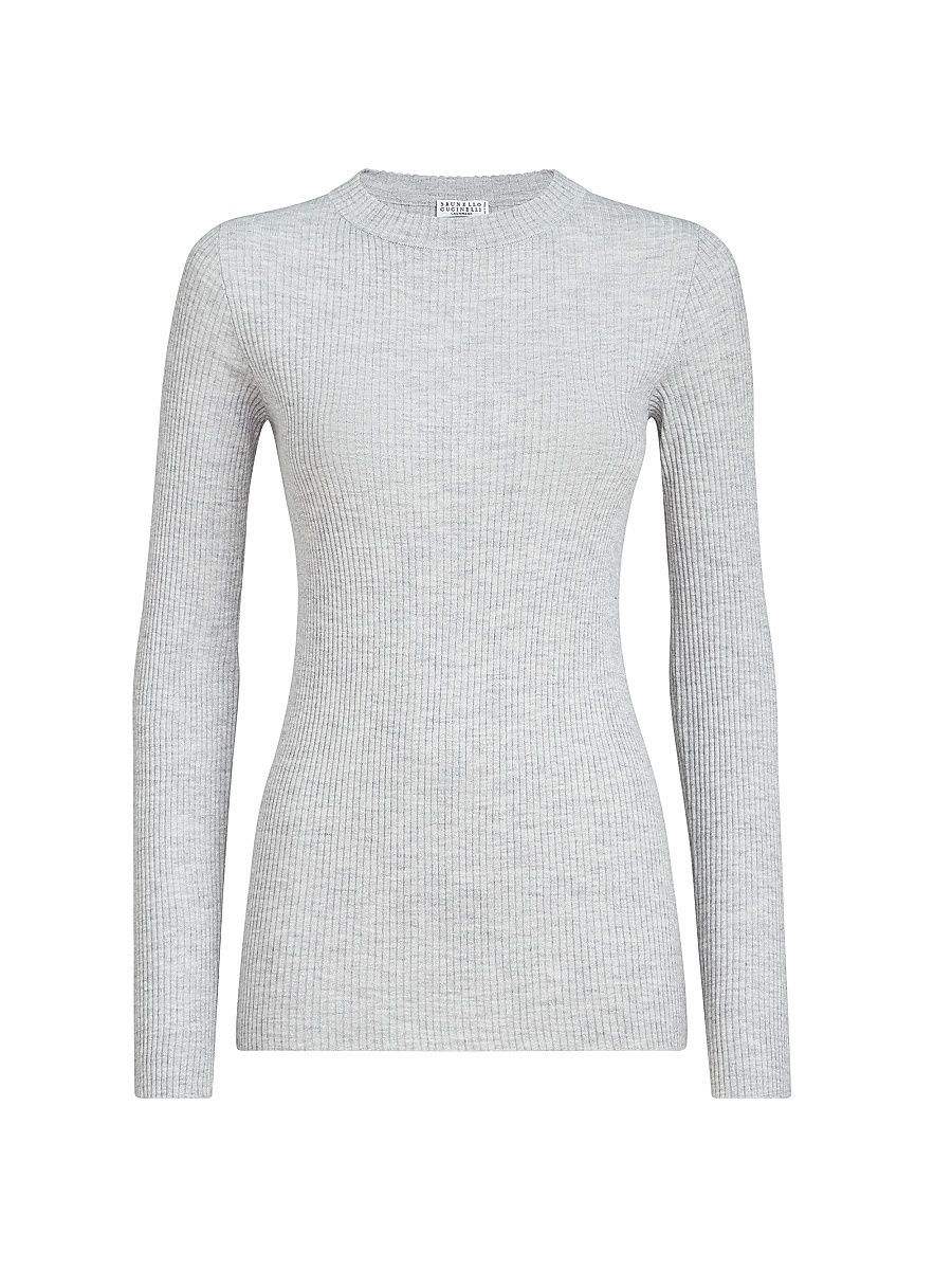 Women's Sparkling Cashmere and Silk Rib Knit Lightweight Sweater - Light Grey - Size XXXL