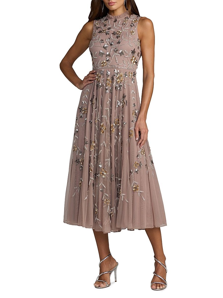 Women's Petite Floral Embellished Cocktail Dress - Taupe - Size 12