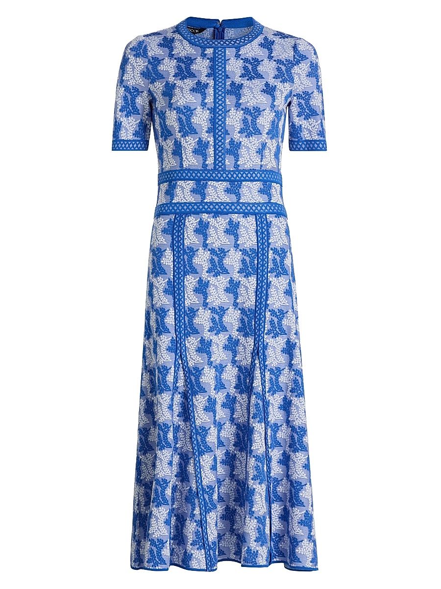 Women's Botanical Intarsia-Knit Fit-&-Flare Maxi Dress - Aegean Blue White - Size XXL