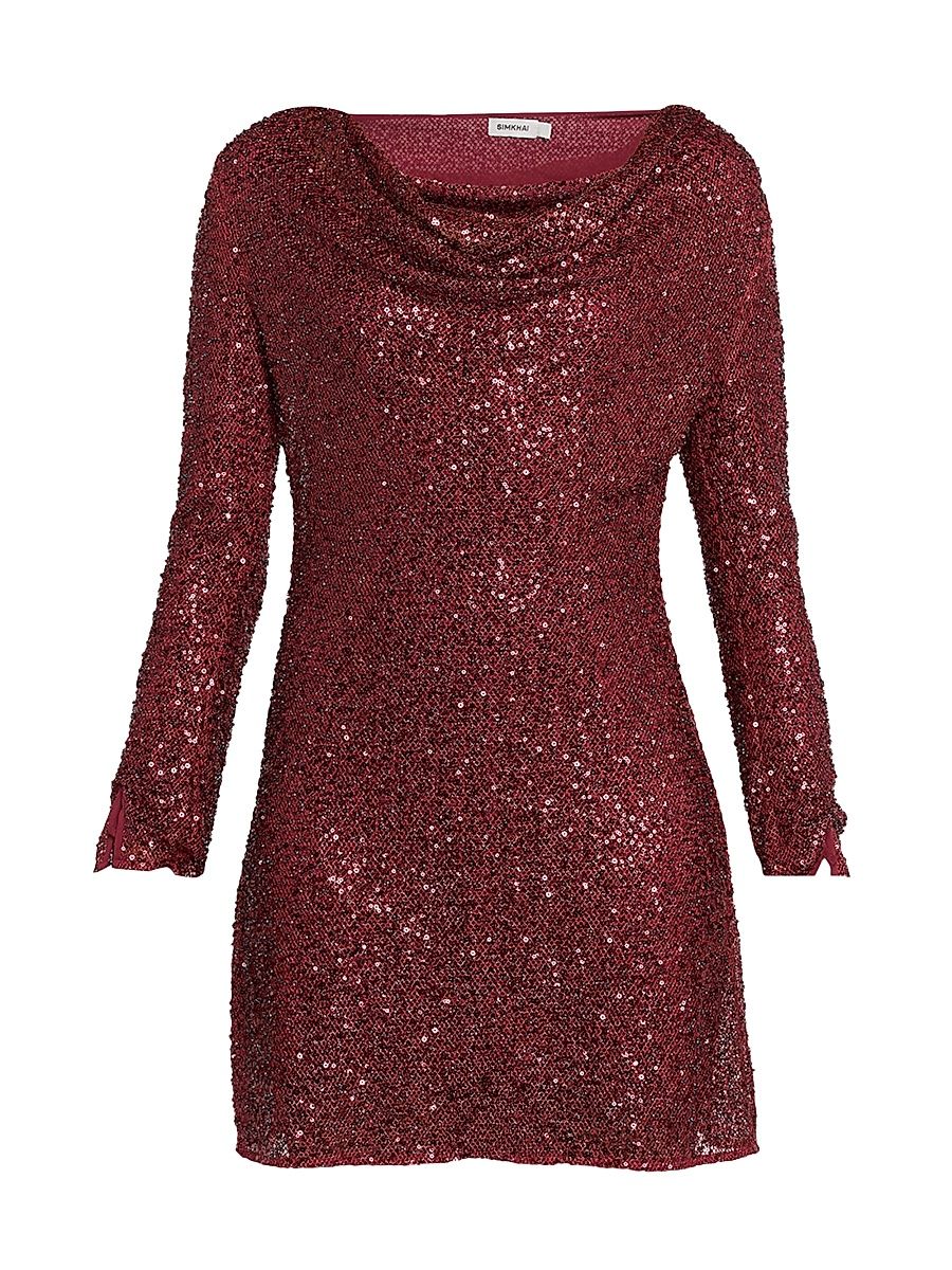 Women's Emmy Cowlneck Beaded Sequin Minidress - Dark Red - Size 6