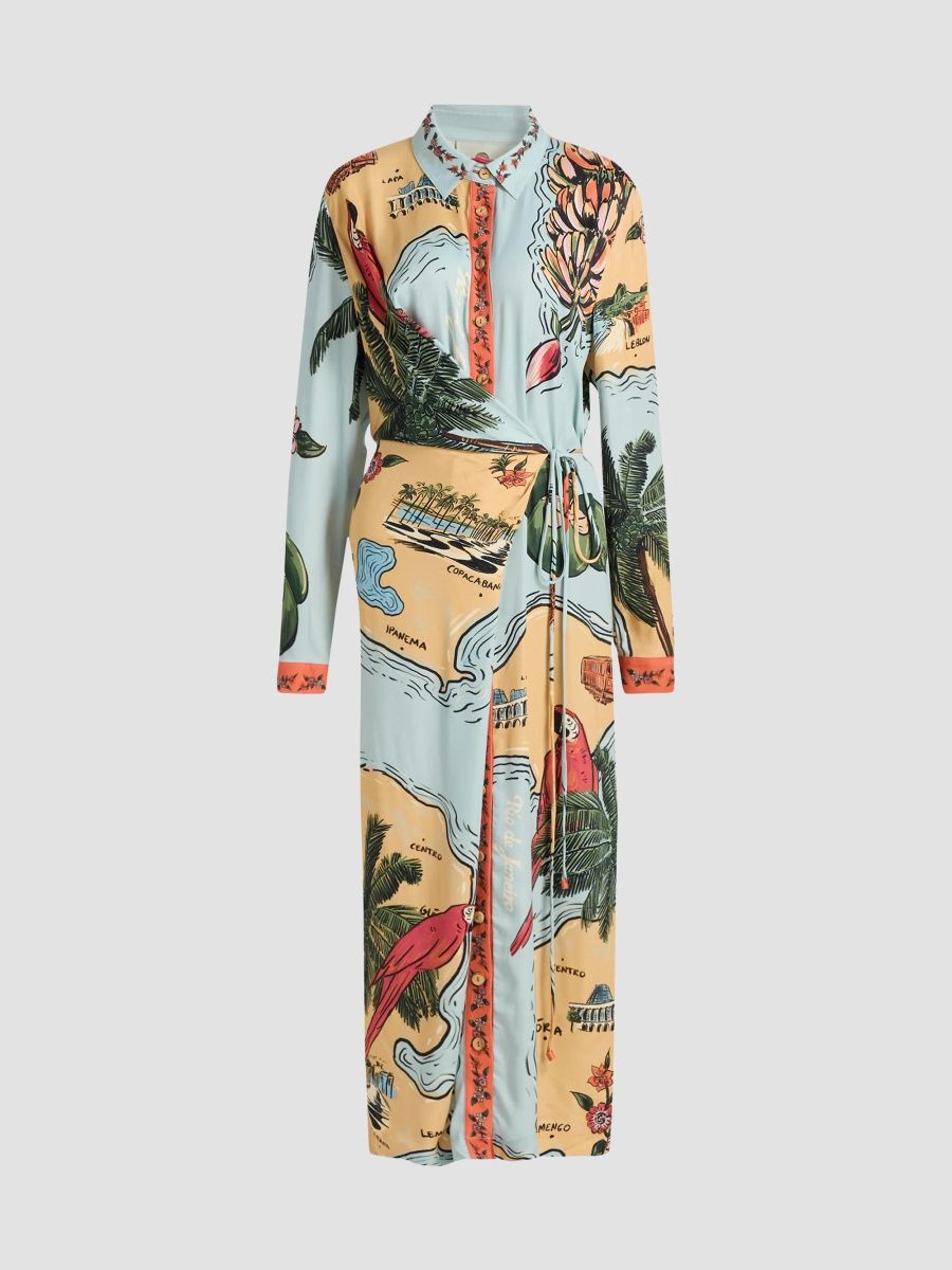Farm Rio Women's Beaches Path Collared Button-Front Maxi Dress - Blue - Size XL