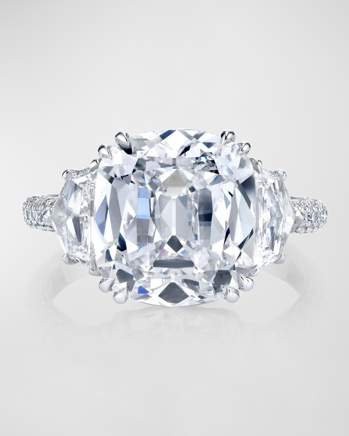 Platinum 3 Stone Ring with Large Cushion Cut Diamond, Trapezoid Sides, 3 Row Micro Pave Shank and Diamond Basket, Size 6.5, 14.06tcw