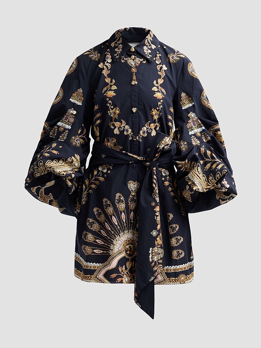 Women's Embellished Voluminous-Sleeve Mini Shirtdress - Taurus Rising - Size Small