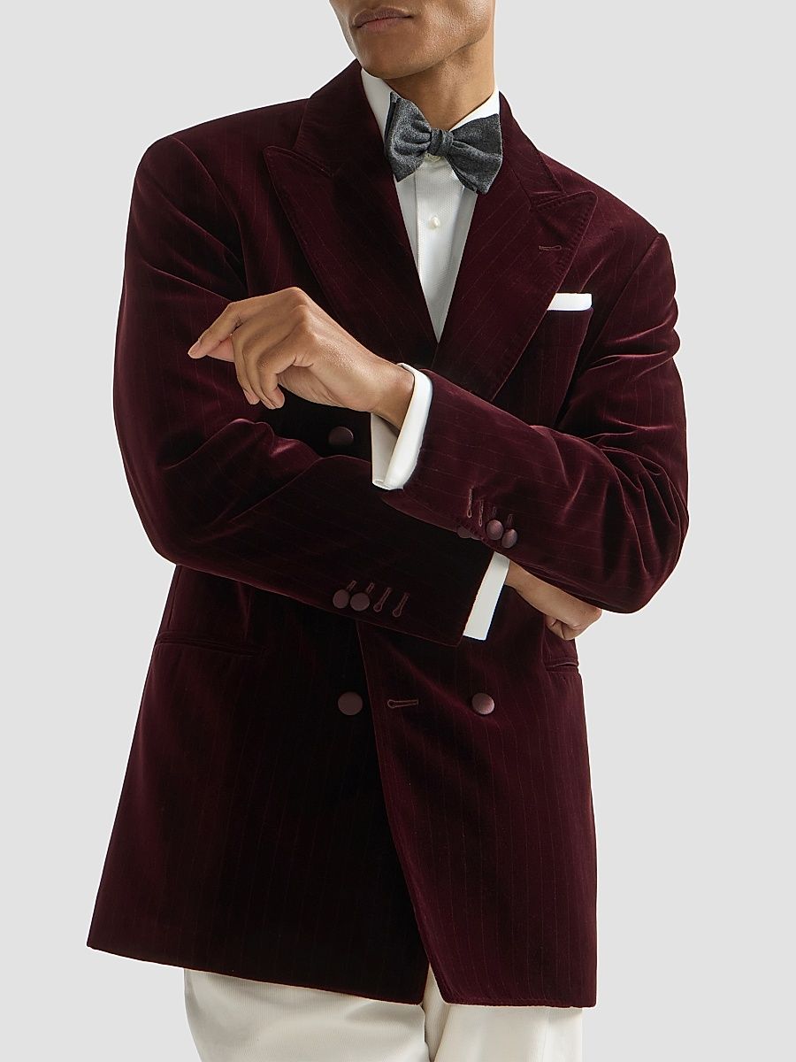 Men's Cotton Chalk Stripe Velvet One-and-a-Half Breasted Tuxedo Jacket - Bordeaux - Size 46