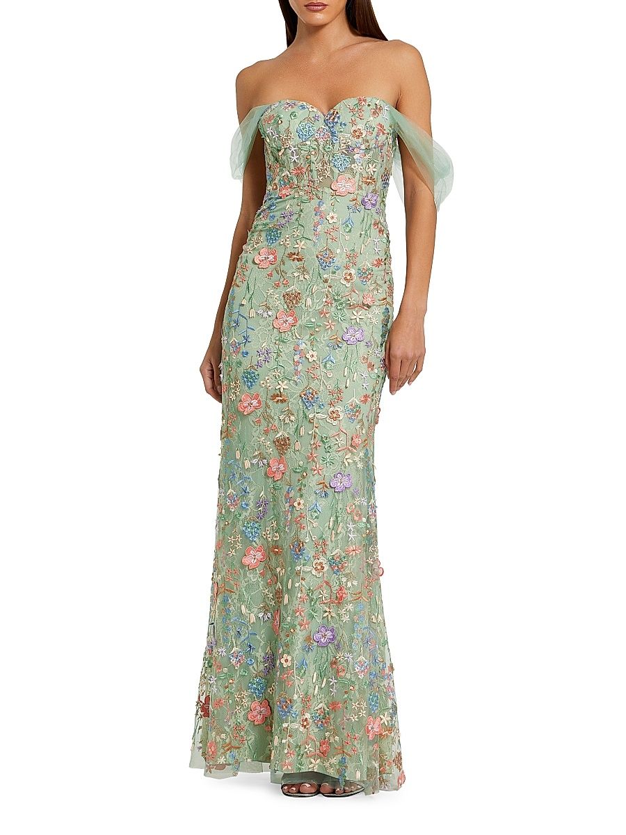 Women's Seasonless Embroidered Tulle Off-The-Shoulder Bustier Gown - Sage Multi - Size 12
