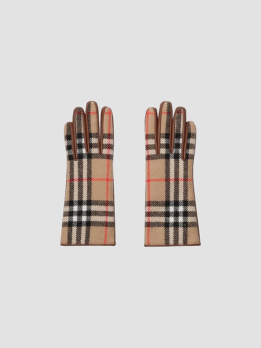 Women's Check Wool & Leather Gloves - Archive Beige - Size 8.5