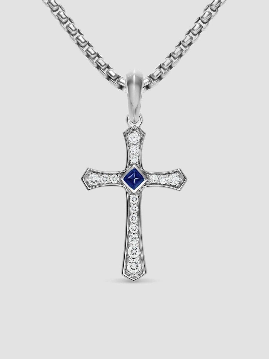 David Yurman Men's Knife Edge Cross Amulet in 18K White Gold with Sapphire and Diamonds, 33.5mm - Sapphire