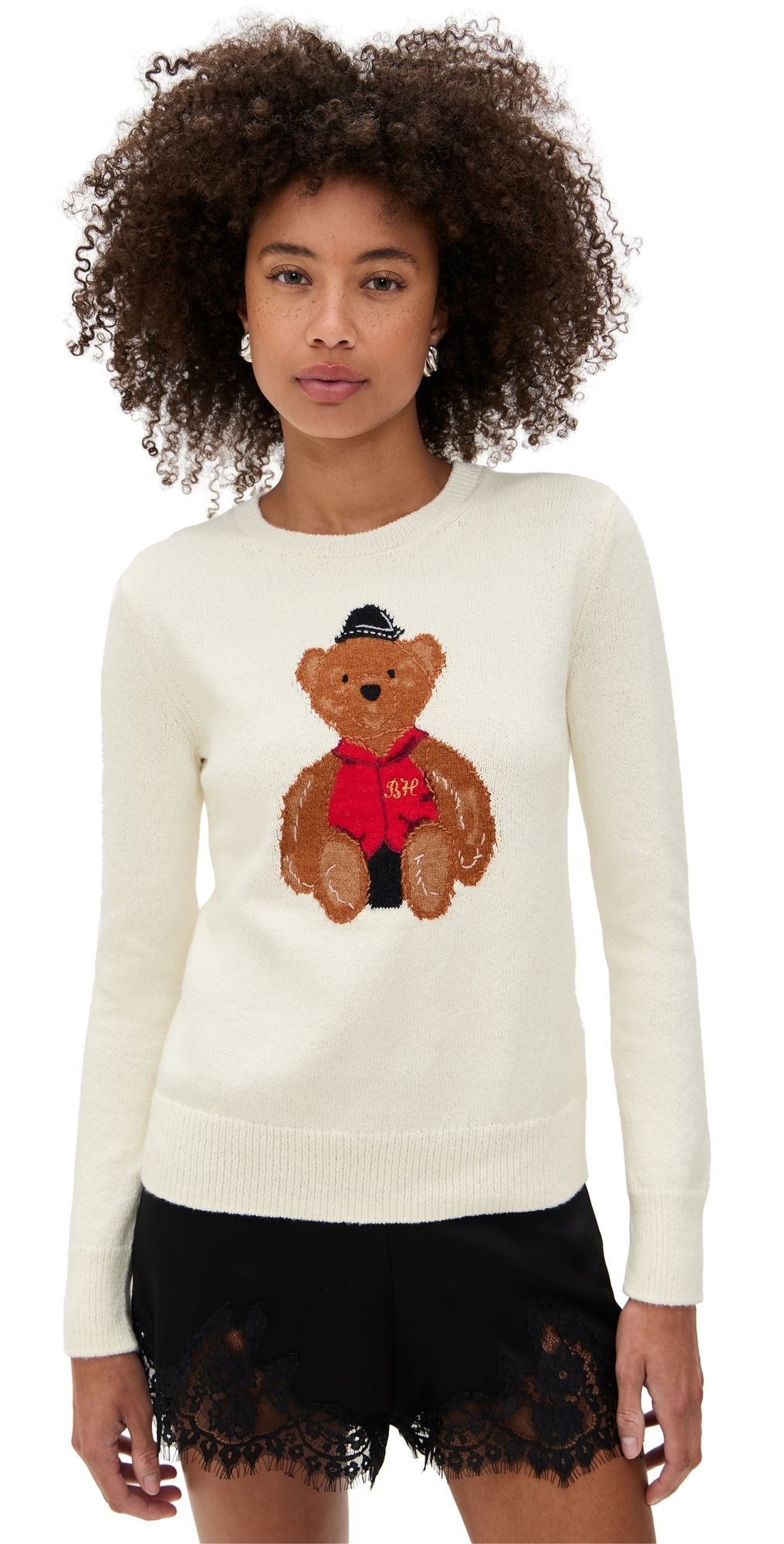 Lingua Franca Women's Bo Bear Cotton Crewneck Sweater Cream XS