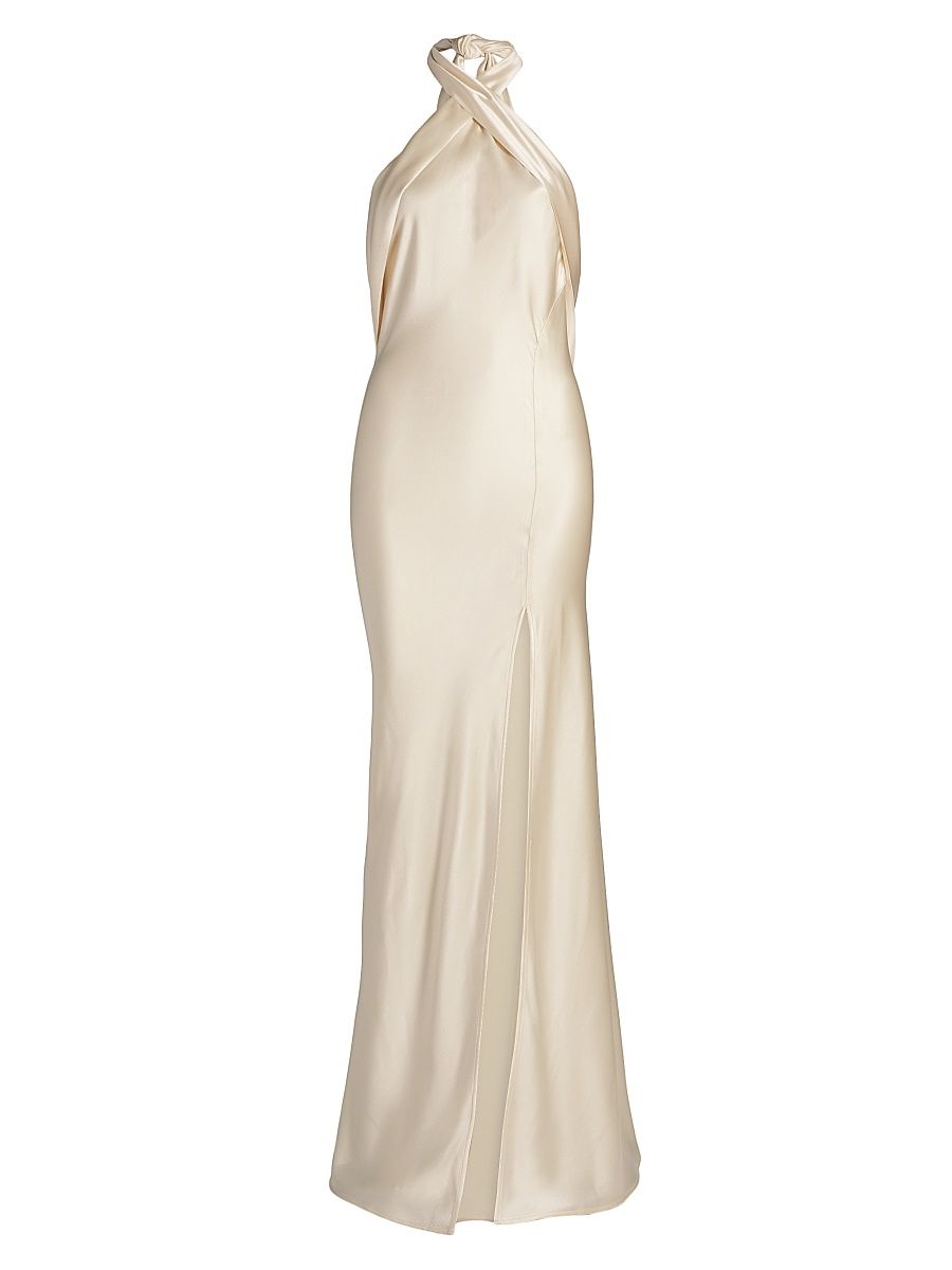 Women's Darcy Satin Halterneck Gown - Champagne - Size Large