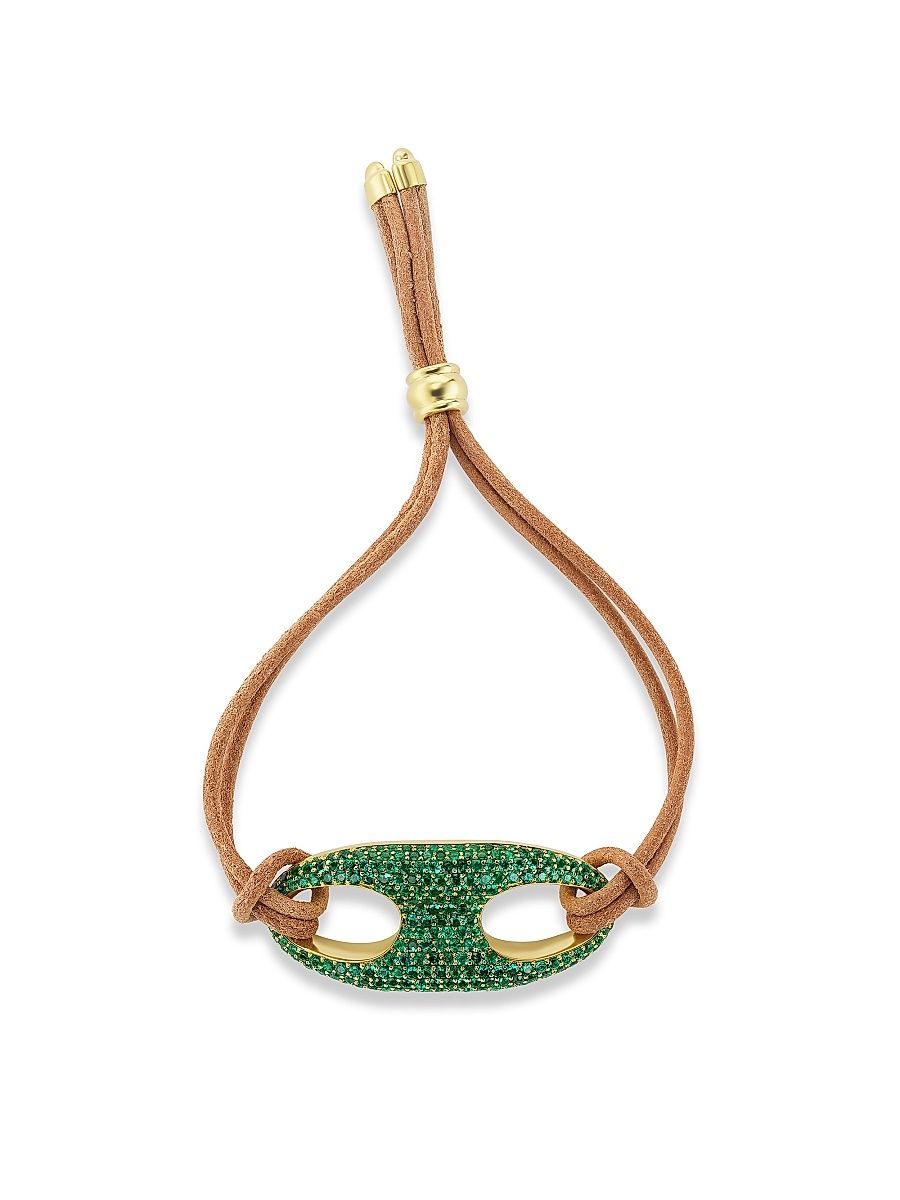 Women's Nautical 18K Yellow Gold, Emerald, & Leather Bracelet - Emerald
