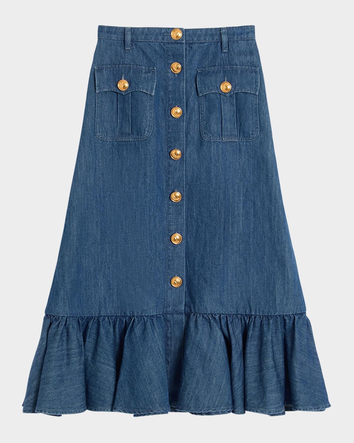Button-Front Ruffle Denim Midi Skirt