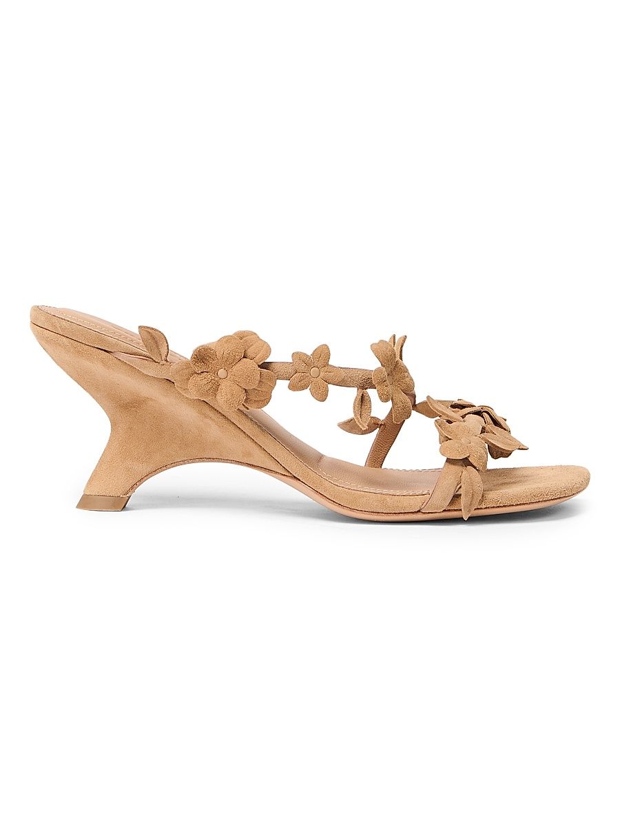Women's Willow 75MM Flower-Appliqué Suede Sandals - Light Camel - Size 10
