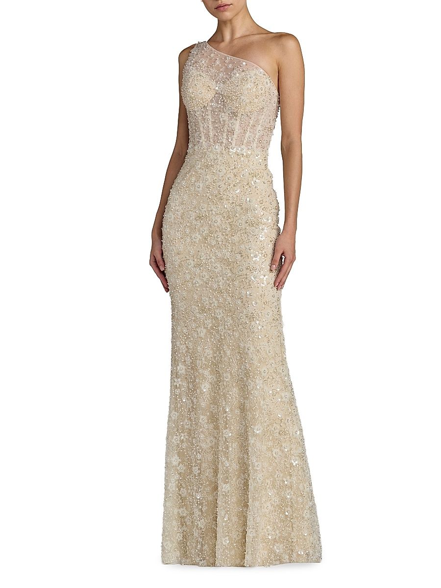 Women's Sequined Floral Mesh One-Shoulder Trumpet Gown - Oyster Beige - Size 10