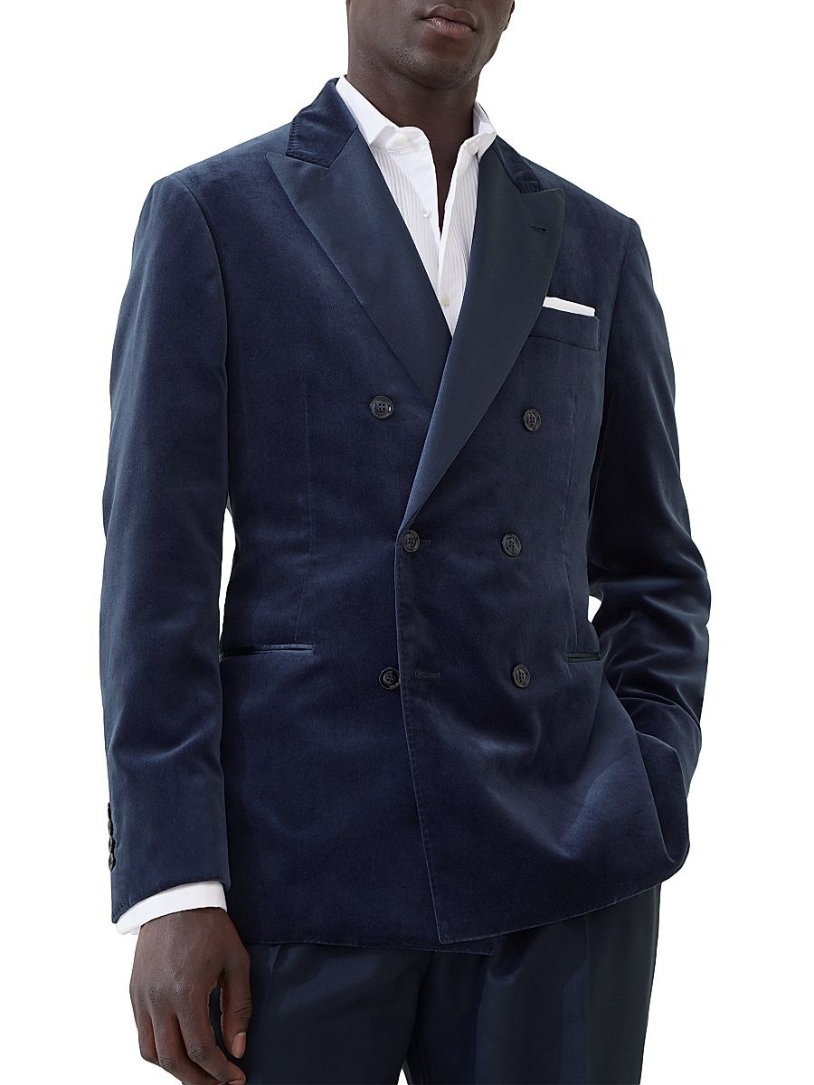 Men's Cotton and Silk Velvet One and a Half Breasted Tuxedo Jacket - Blue - Size 46