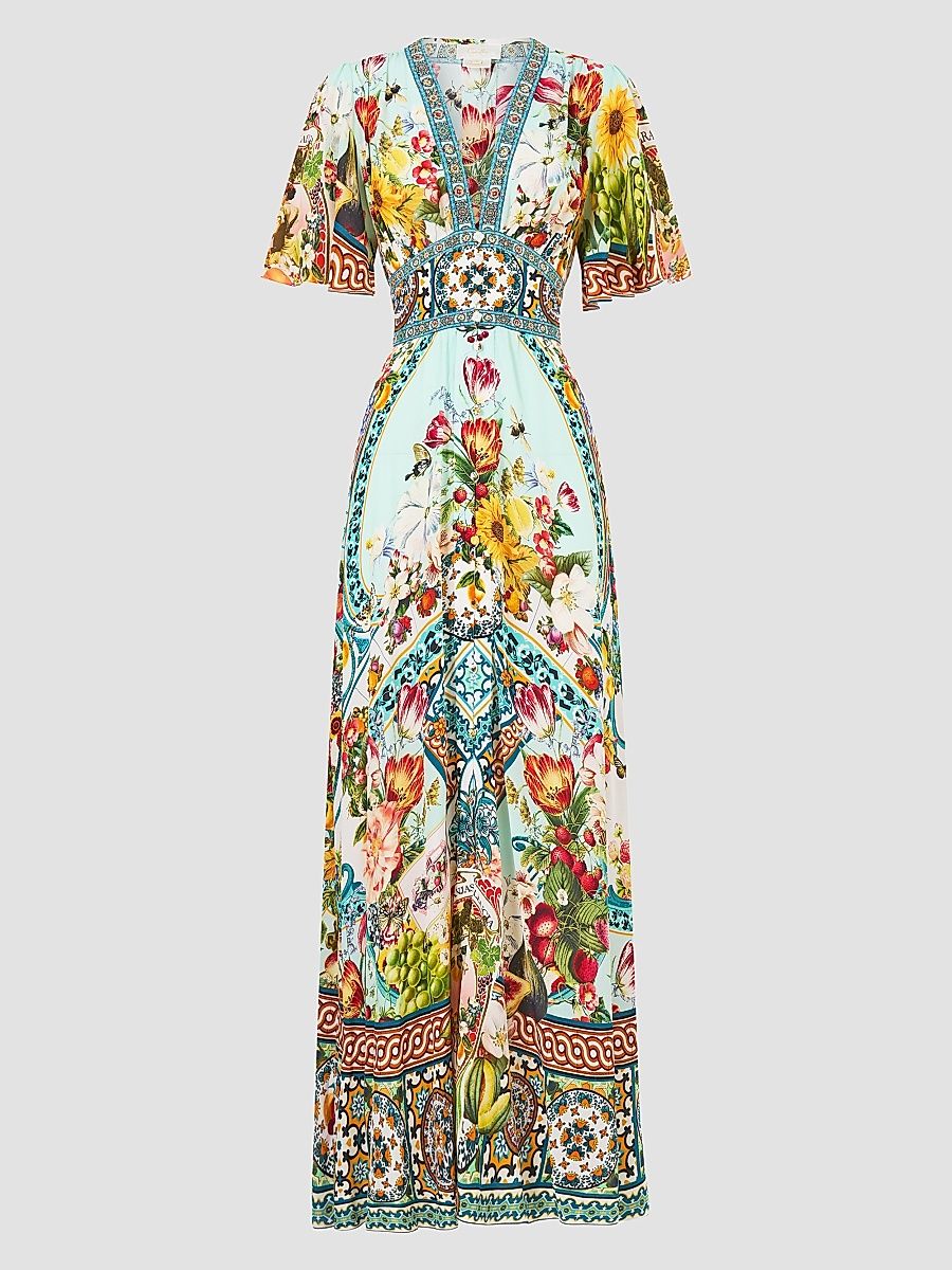 Women's Magic Of The Mercado Print Silk Maxi Dress - Magic Of The Mercado - Size Medium