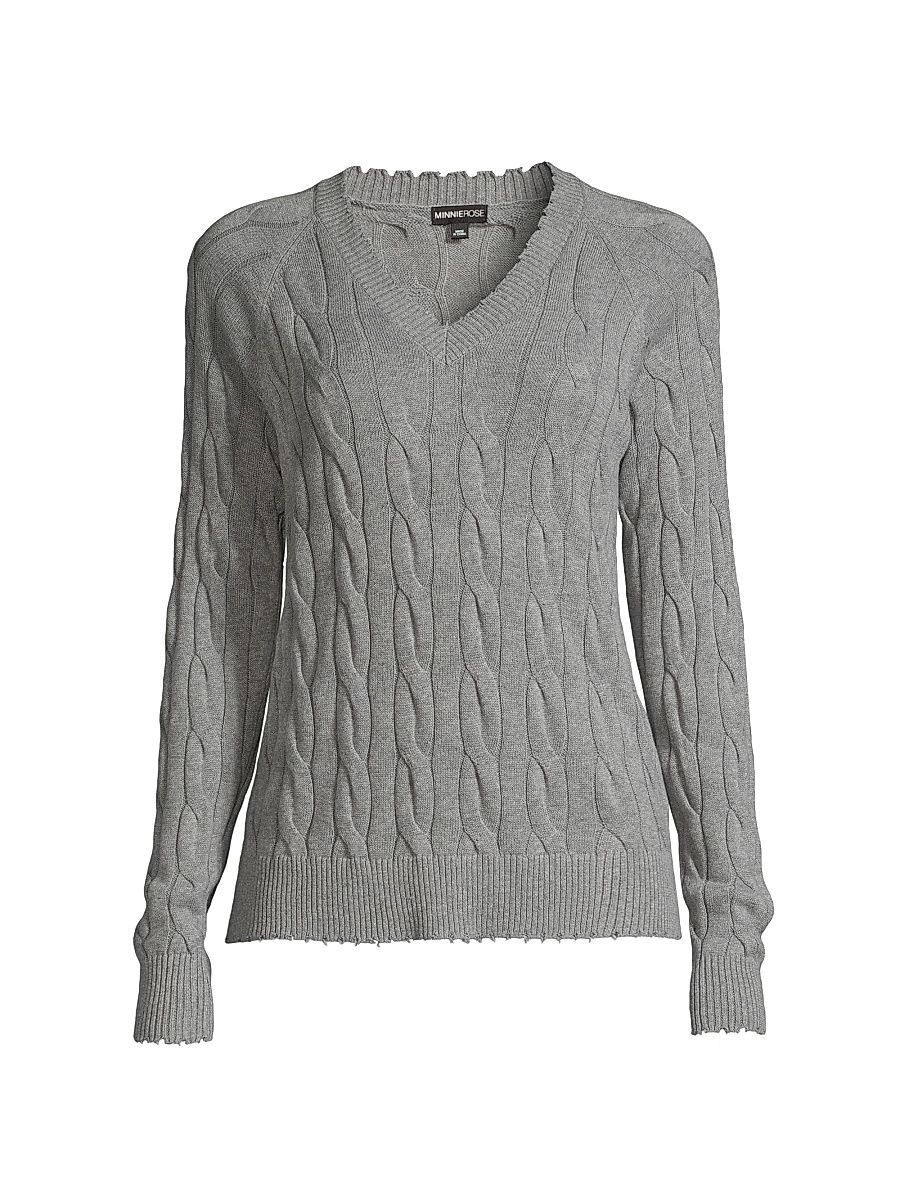 Women's Frayed Cable-Knit Sweater - Grey Shadow - Size Large