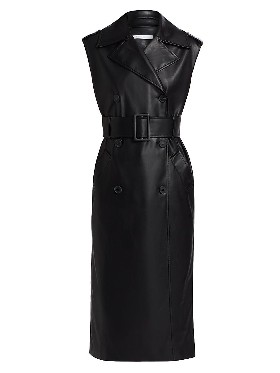 Women's Faux Leather Sleeveless Trench Coat - Black - Size Large