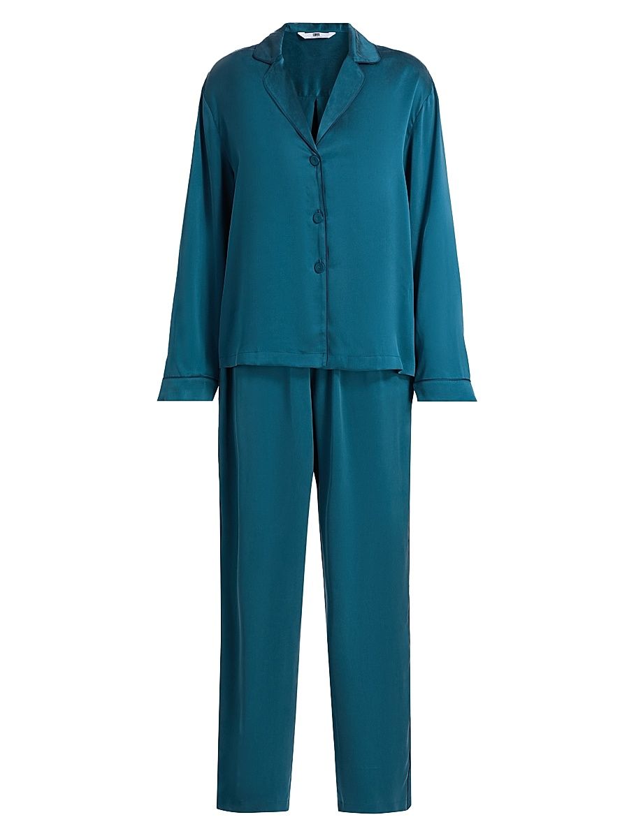 Women's Piped Silk Pajamas - Piquant Teal Lazing Navy - Size XS