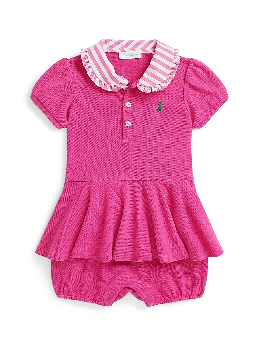 Baby Girl's Striped-Collar Peplum Shortall - College Pink - Size 9 Months