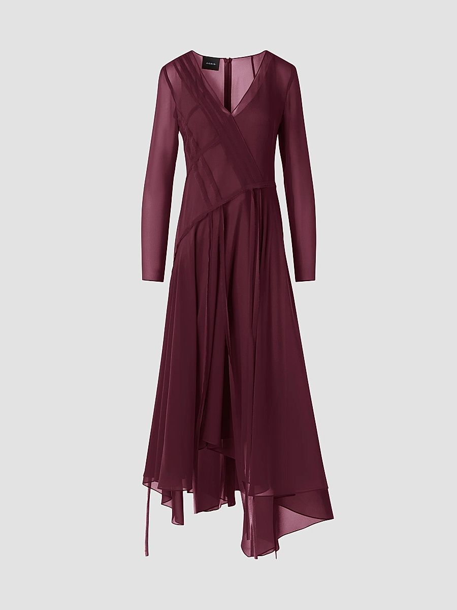 Women's Silk Asymmetric V-Neck Midi-Dress - Merlot Red - Size 12