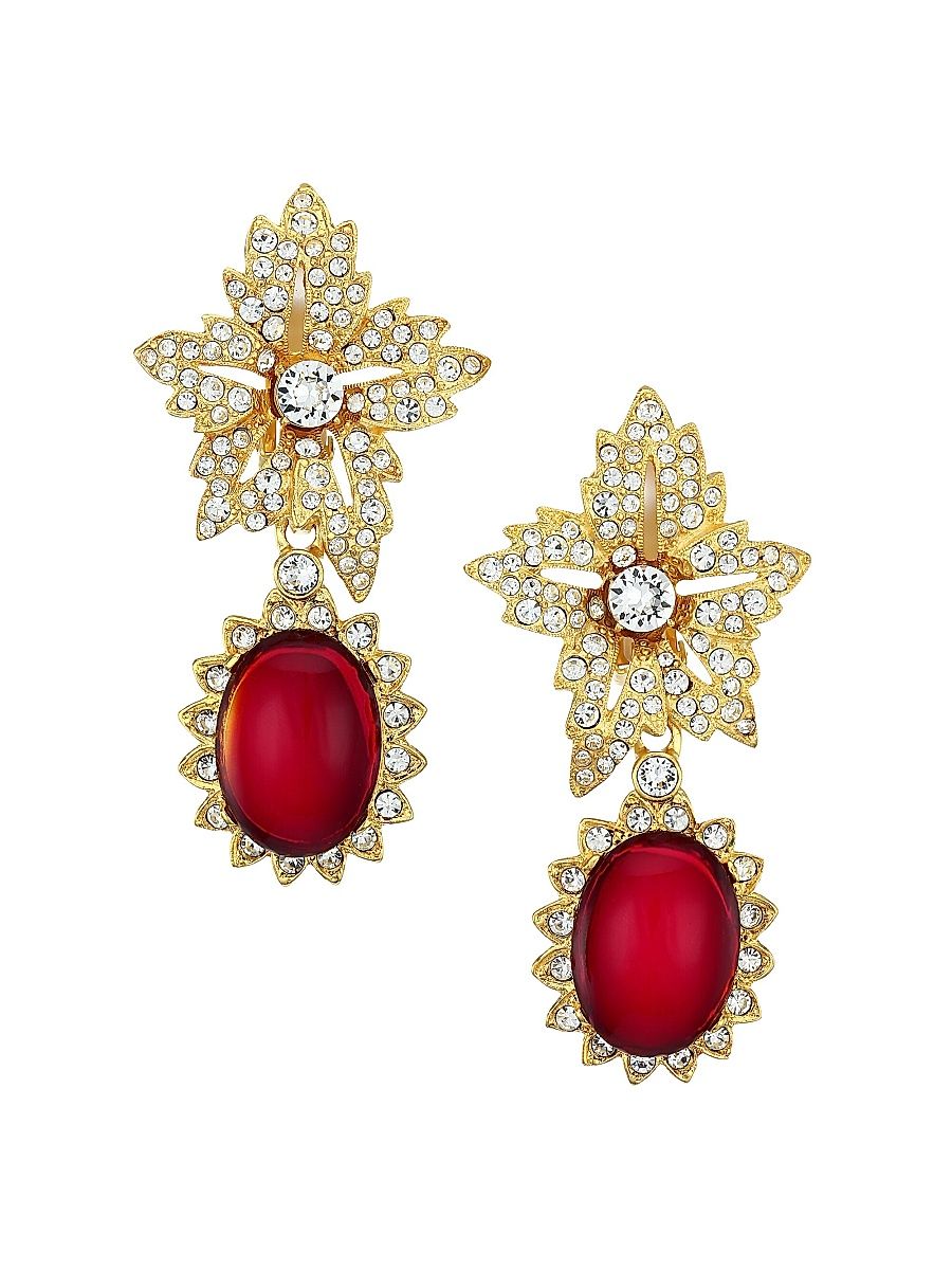 Women's Shimmering Flower Clip Earrings - Gold Ruby