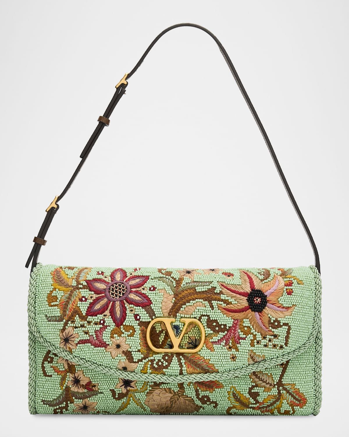 Floral-Embroidered Beaded Silk Shoulder Bag